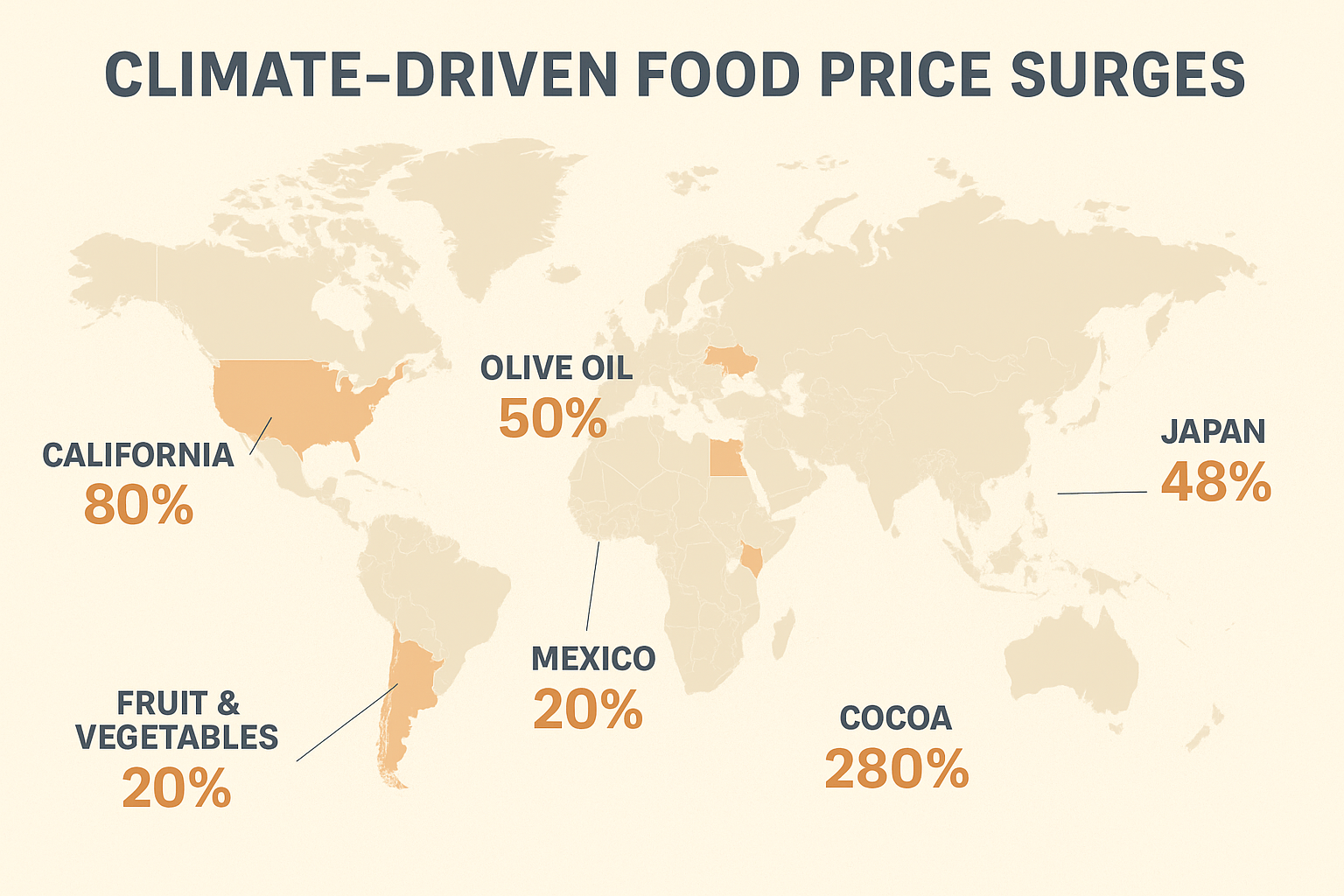 World map infographic showing global food price surges between 2022 and 2024 caused by climate change. Highlights include an 80% rise in vegetables in California and Arizona, 70% cabbage price increase in South Korea, 50% olive oil spike in Europe, 20% rise in Mexican produce, 48% increase in Japanese rice, and 280% surge in cocoa prices in Ghana and Ivory Coast.